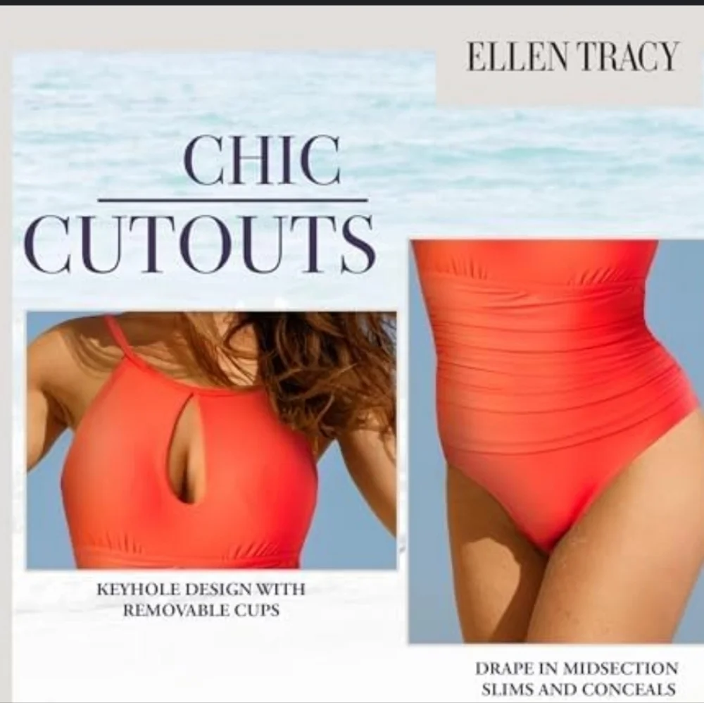Ellen Tracy Women High Neck Over the Shoulder One Piece keyhole Swimsuit Size 10
